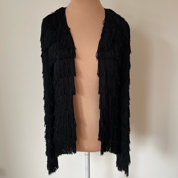 Gryphon Silk Fringe Open Front Black Jacket Size XS - Picture 1 of 8
